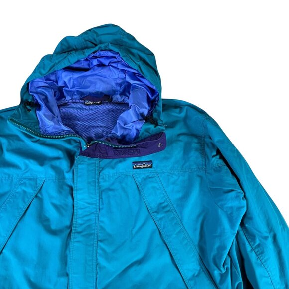VTG Patagonia Long Jacket Full Zip Turquoise Adult Sz Large Hood Zip Pockets - Picture 13 of 15